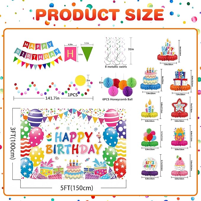 Birthday Decorations Kit, Happy Birthday Party Banner, Honeycomb Balls, Metallic Hanging Swirls, Circle Garland, Colorful Party Decorations, Backdrop Cloth, Centerpieces for Tables