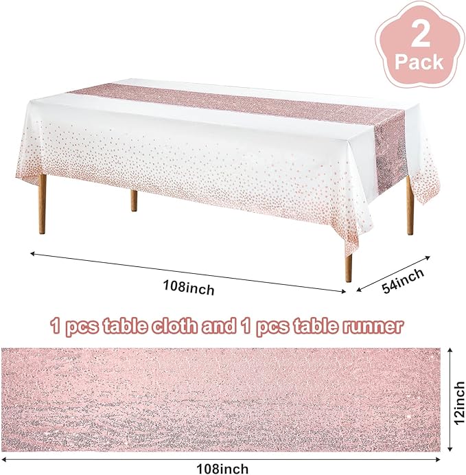 Tablecloth and Sequin Table Runner Set Polka Dots Confetti Table Cover Dining Plastic Table Cloths Glitter Decorations for Birthday Wedding Anniversary Party Supplies (White, Rose Gold, 2 Pcs)