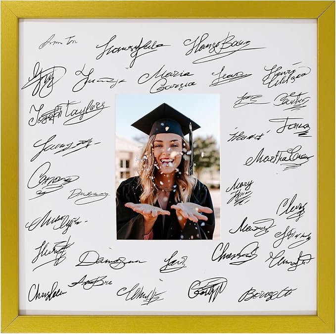 GraduatePro 14x14 Signature Picture Frame Board for 5x7 Photo with Signable Mat for Birthday Party Graduation Wedding Guest Book Gold