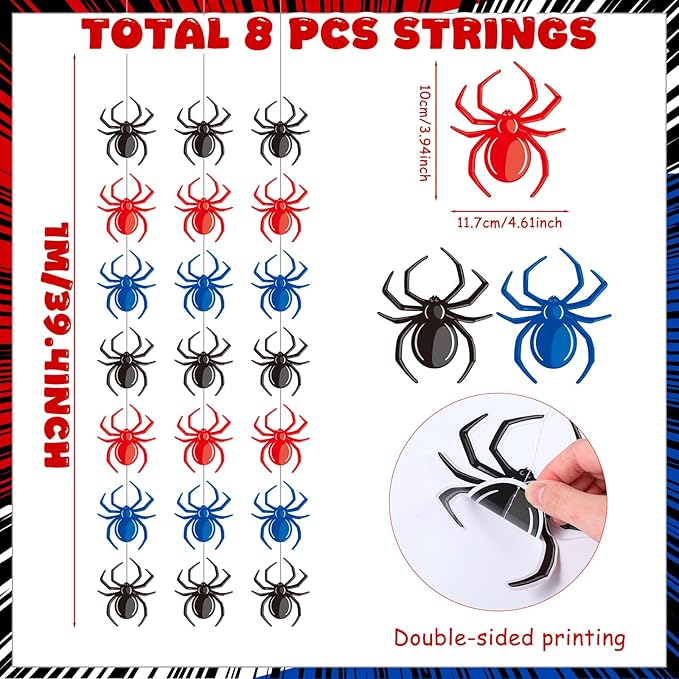 Xinnun Spider Party Decorations Hanging Banners Garland Red Blue Black Spider Banner Cutouts Ribbon Streamers for Birthday Baby Shower Party Decorations Supplies