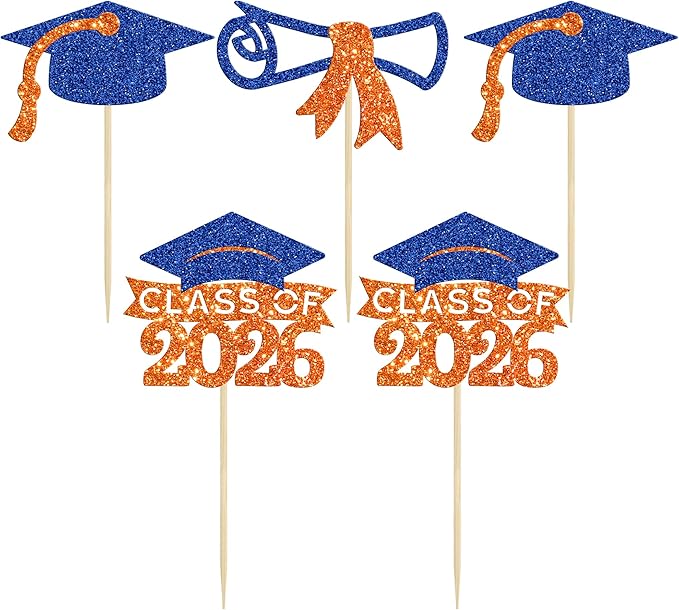 Gyufise 24Pcs Class of 2026 Graduation Cupcake Toppers Glitter Diploma 2026 Graduation Cap Cupcake Picks for 2026 Theme Party Cake Decorations Supplies Orange Blue