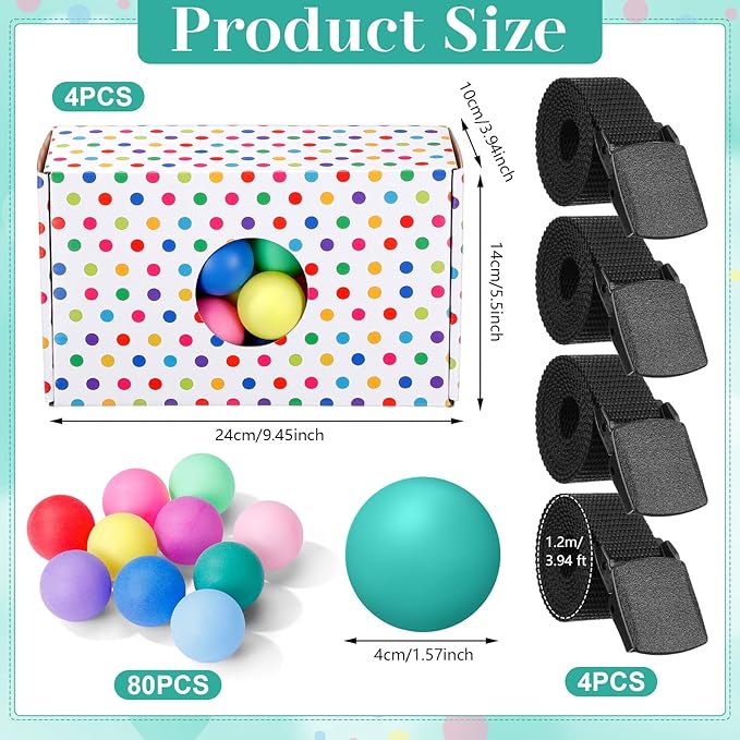 4 Sets Summer Party Games Colorful Polka Dots Shake Box, 4 Adjustable Belts and 80 Balls, Swing Shaking Balls Set for Adults Tea Garden Outdoor Indoor Group Party Game