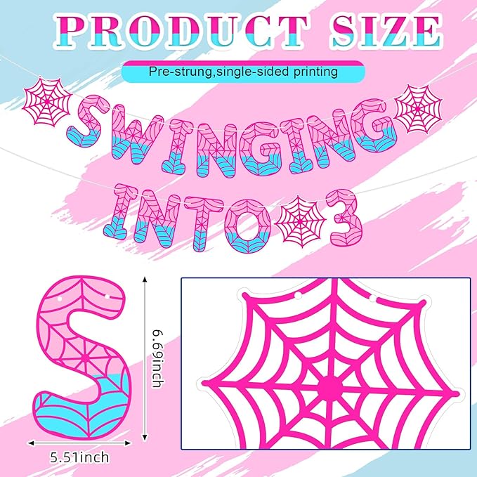 TaoBary Spider Theme 3rd Birthday Banner, Pre-strung Swinging into 3 Banner, Spider 3rd Birthday Decorations Party Supplies for Kids, Third Decor for 3 Year Old Boys Girls(Pink and Blue)