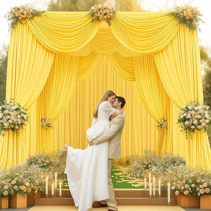 16x10FT Yellow Backdrop Curtains for Wedding Parties, Wrinkle Free Polyester Photography Backdrop Drapes for Wedding Baby Shower Birthday Parties Stage Background Stand Decorations 4x10ft,4 Panels