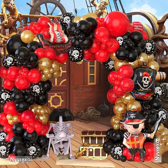 Pirate Birthday Party Decorations, 142Pcs Red Black Metallic Gold Balloon Garland Arch Kit with Pirate Ship Foil Mylar Balloon for Halloween Pirate Summer Sea Sailing Adventure Ocean Theme Party