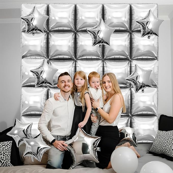 Silver Square Foil Balloons Wall, Double Sided Chrome Silver Balloons Tunnel Arch Kit Backdrop for Birthday Graduation New Year Baby Shower Wedding Holiday Theme Party Decoration