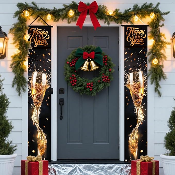 Nuxovilar New Year Decorations Outdoor Yard Front Porch Sign Set, Gold Champagne Glass "Happy New Year" Door Banners, Hanging Decor for Home
