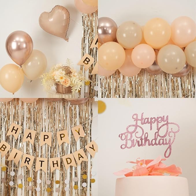 Beige Birthday Decorations,Happy Birthday Banner with Cream Nude Champagne Gold Balloon Heart Foil Balloons Fringe Curtain for Women Men Boho Baby Shower Party Decor