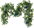 PARTY JOY 2pcs 6.56ft Eucalyptus Garland with Flowers-8 Blue White Roses, Artificial Fake Flowers Greenery Garland Floral Vines for Decoration Party Wedding Table Indoor Outdoor Backdrop Wall Decor