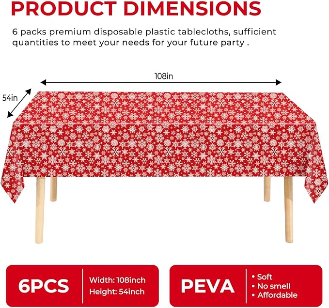 6 Pack Christmas Snowflake Tablecloth Disposable Plastic Tablecloth Table Cover for Christmas Party Decoration Supplies 54 x 108 Inches (Snowflake)