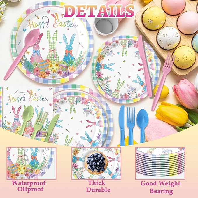 112PCS Happy Easter Plates and Napkins Forks Sets - Disposable Spring Flowers Paper Plates Set Colorful Eggs Themed Round Tableware for Easter Party Supplies Favors Table Decor(Serves 16)