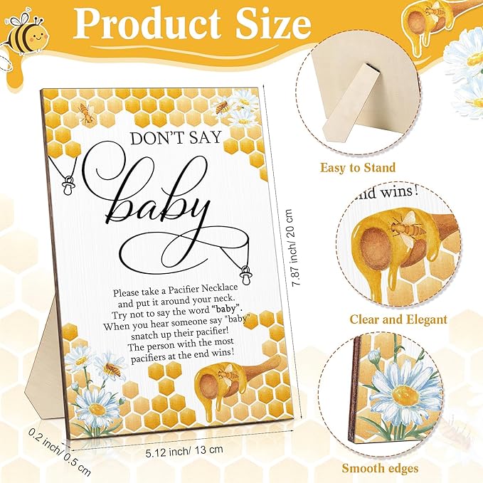 Geetery 51 Pcs Don't Say Baby Game Sign Cool Baby Shower Game 50 Pacifier Necklace Wooden Don't Say Sign Plastic Pacifier Party Favor for Gender Reveal(Bee,Pink)