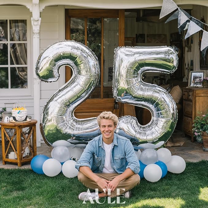AULE 40 Inch Big Silver 5 Balloon Number Large Foil Helium Number Balloons 0-9 Jumbo Giant Happy 5th Birthday Party Decorations for Boy or Girl Huge Mylar Anniversary Party Supplies