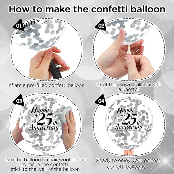 25th Anniversary Balloons 18Pcs Black Silver Party Decorations for Women Men - 12Inch Happy Confetti Latex Balloons for Indoor Outdoor Party Supplies