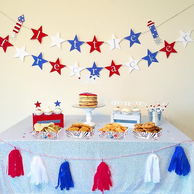 4th of July Paper Food Trays 24pcs Patriotic Red White Blue Disposable Snack Candy Holder Trays For Independence Day Theme Party Decorations