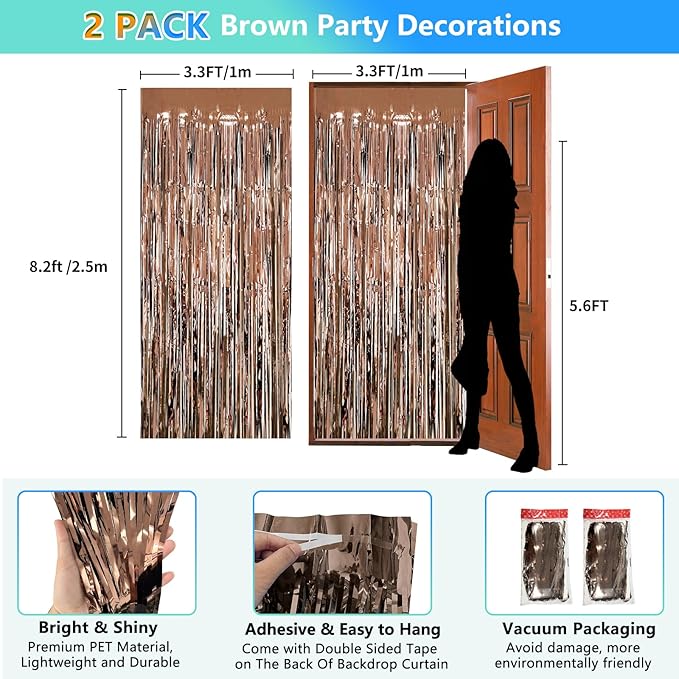 Brown Backdrop Tinsel Foil Curtain Football Party Decorations Streamers 2 Pack 3.3x8.2 ft for Birthday Superball Party Supplies Game Day Decorations Graduation Wedding Baby Shower Bridal Easter