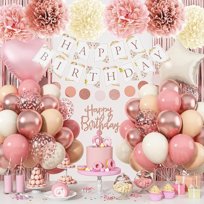 Pink Birthday Decorations for Women, Boho Dusty Pink Rose Gold Blush Beige Latex Balloons Happy Birthday Banner Foil Fringe Curtain Tissue Paper Pompom for Woman Girls Party Decoration Supplies