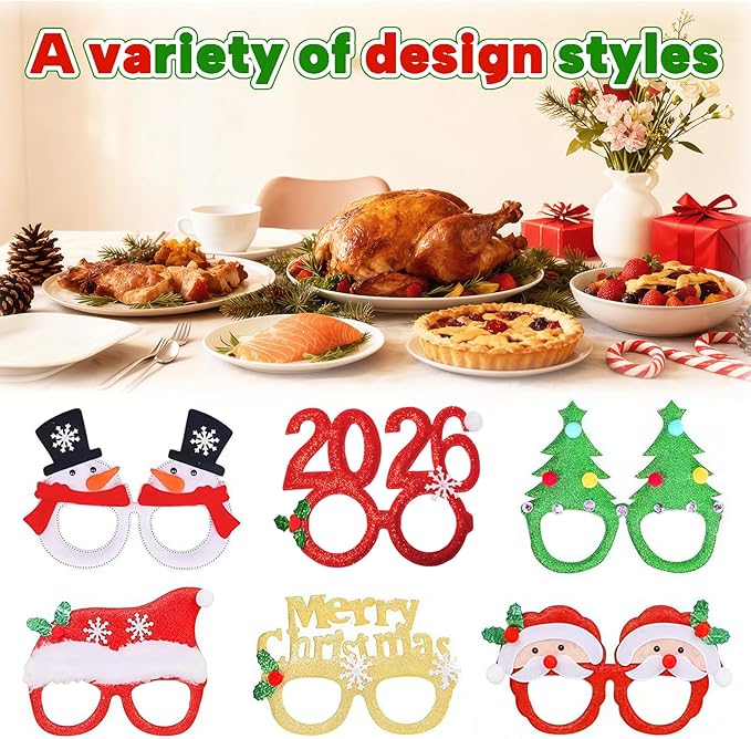 2026 Christmas Party Glasses,12pcs Fun Glitter Christmas Holiday Photo Booth Props for Kids Adults, Costume Eyeglasses for Christmas Party Favors and Decorations(One Size Fits All)