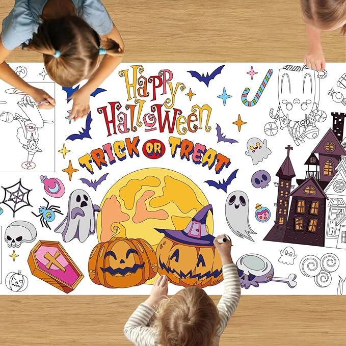 Halloween Giant Coloring Poster/Tablecloth Crafts for Kids, 30 x 72 Inches Jumbo Paper Coloring Banner Gifts for Kids Versatile Paper Table Cover, Halloween Party Decorations