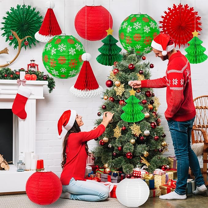 14PCS Christmas Honeycomb Hanging Paper Lantern Decorations Set, Pine Tree Star Christmas Hat Red Green White Snowflake Lanterns Paper Fans for Christmas Party Home Decoration Supplies