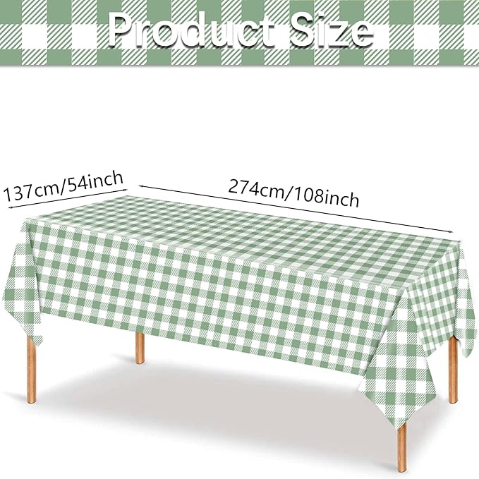 3 Pack Green Gingham Tablecloths, 54 X 108Inch Disposable Party Table Covers Scalloped Green Checkered Table Cloth Waterproof Green White Tablecloth for Birthday Barbecue Tea Party Wedding