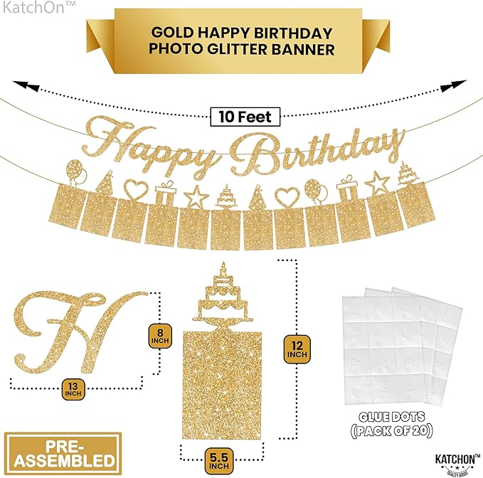 KatchOn, Glitter Gold Happy Birthday Photo Banner - Prestrung, 2 Strings, 10 Feet | Happy Birthday Banner with Photo for Gold Birthday Decorations