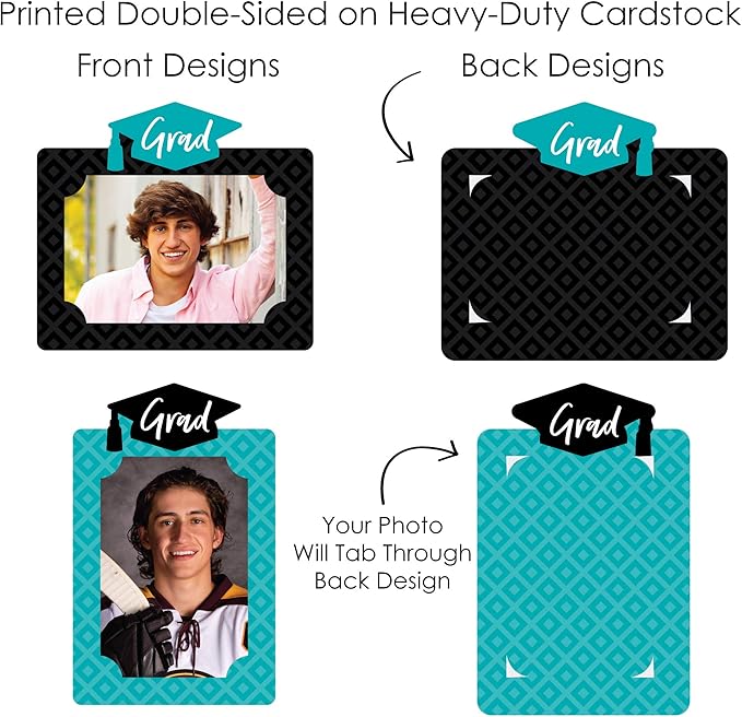 Big Dot of Happiness Teal Graduation Photo Display Centerpiece Kit - 15 Double-Sided Photo Table Topper Sticks, Vertical and Horizontal 4x6 Picture Holders, DIY Party Decoration Set