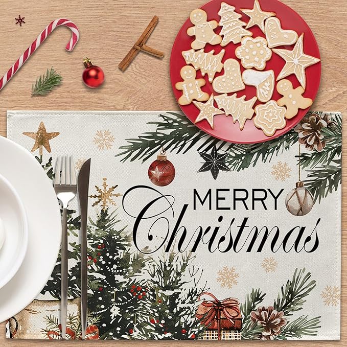Merry Christmas Tree Placemats Set of 4, Xmas Balls Gifts Pine Branches Dining Place Mats Table Decor, Winter Holiday Gold Snowflake Home Kitchen Decoration 12 x 18 Inches