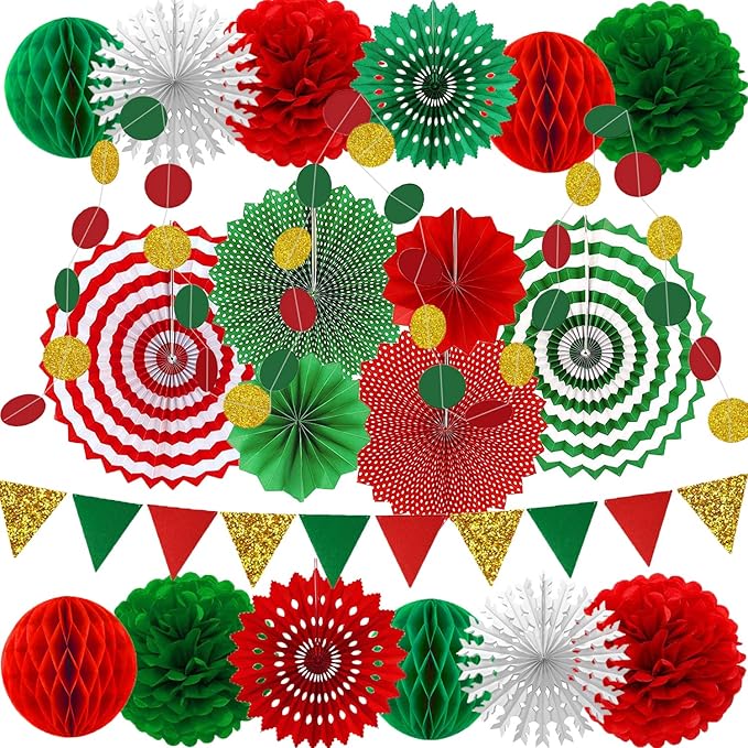 Christmas Party Decorations Paper Fans,Garlands String Circle Dot,Triangle Bunting Flags, Honeycomb Ball,Paper Tissue Pom Poms,Party Supplies for Christmas Birthday Wedding Baby Shower