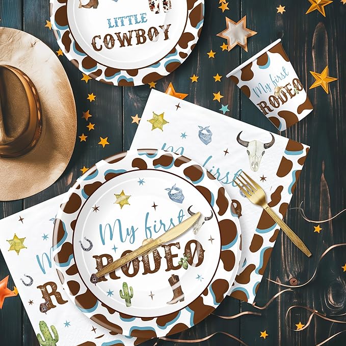 My First Rodeo Birthday Party Supplies Boy - Western Cowboy 1st Birthday Party Tableware, Paper Plate, Cup, Napkin, Disposable Cutlery, Wild West First Table Decorations | Serve 24