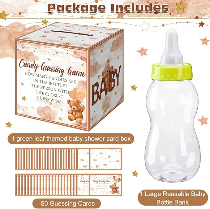 Glenmal 52 Pcs Baby Shower Games Gift Sets Large Baby Bottle for Shower Game Guess How Many Candies Decorations for Gender Reveal(Brown Bear)