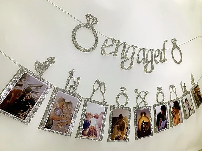 Engagement Wedding Decorations - Silver Engaged Banner and Photo Banner for Party Decor