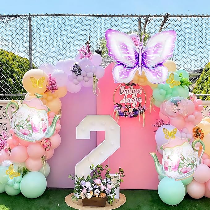 Tea Party Decorations, 154Pcs Tea Party Balloon Arch Garland Kit with Pastel Pink Yellow Green Balloons Teapot Butterfly Foil Balloon for Girls Birthday Let's Par Tea Spring Garden Party Decorations
