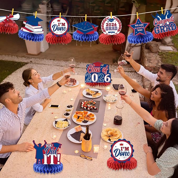 Yisong 9 Pieces 2026 Graduation Party Table Decorations Class of 2026 Congrats Graduation Centerpieces for Tables Congratulate Honeycomb Centerpiece Topper for Grad Party Supplies (Blue, Red)