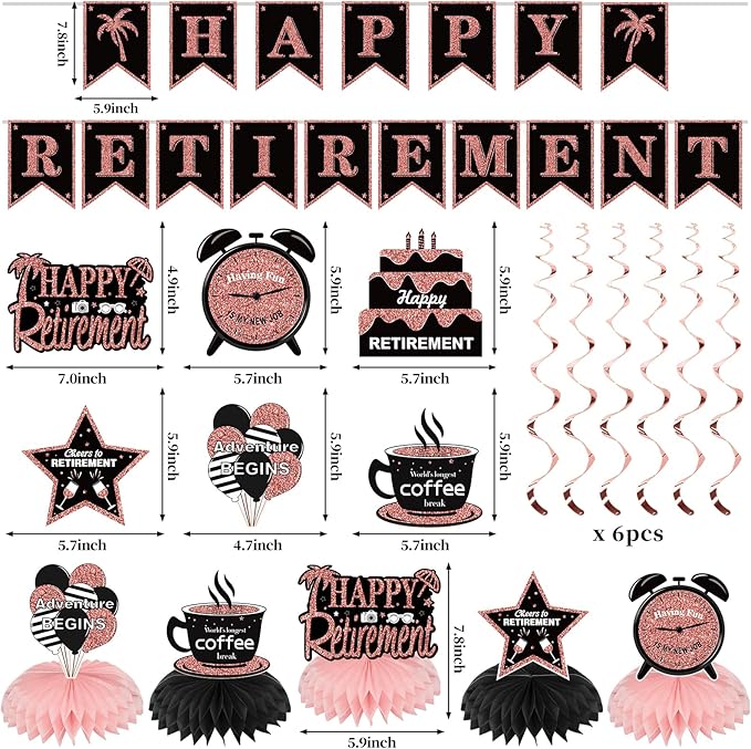 20PCS Happy Retirement Party Decorations Kit for Women, Rose Gold Retirement Backdrop Balloons Honeycomb Centerpiece Swirl Paper Pompoms Party Supplies, Retired Sash Table Topper Swirls Set