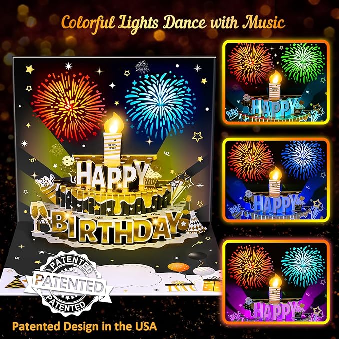 INPHER UPGRADED DIY Age Birthday Cards Fireworks Pop Up Cake Light and Music Black and Gold Happy Birthday Card Gift for Husband, Men, Women, Mom, Grandma