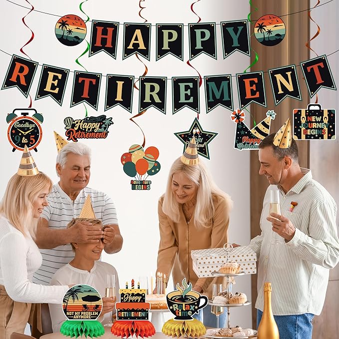 Vlipoeasn Retirement Decorations for Men Women, Colorful Vintage Retirement Party Set with Banner Honeycomb Centerpieces Hanging Swirls, Office Retired Farewell Decor