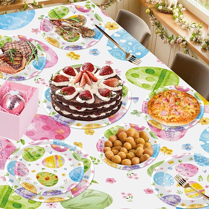 24 Pcs Easter Plates Set - Watercolor Happy Easter Eggs Paper Plate, Disposable Spring Colorful Round Dinner Dessert Plates Tableware for Easters Day Party Supplies Favors Table Decorations