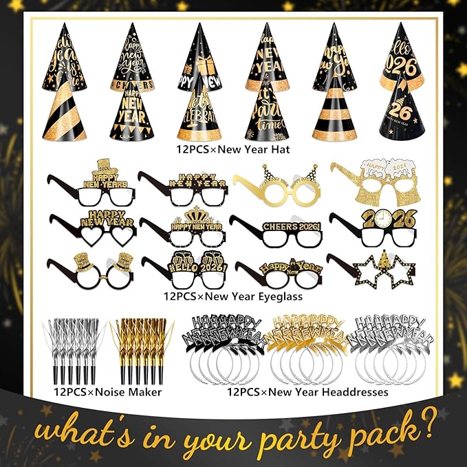 New Years Eve Party Supplies 2026 48 PCS Happy New Years Decoration Hats Glasses Headband for 2026 Party Props Festival Decorations Count Down NYE Party Supplies Favors (Black-2)