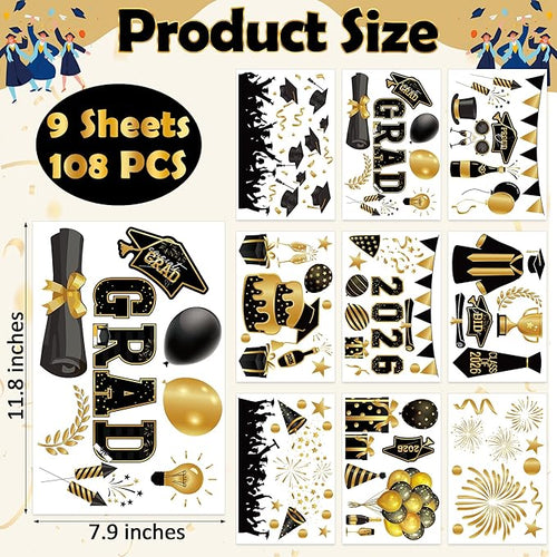 108 PCS Graduation Window Clings, 9 Sheets Black Gold Graduation Decorations, Double-Sided Congrats Grad Decorations for Windows with Caps Gowns Balloons, Grad Stickers for School Home Decor