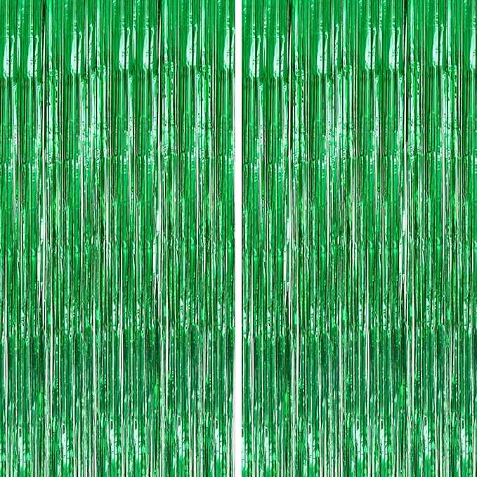 2 Pack Foil Fringe Backdrop - Green Shiny Tinsel Curtains for Party Decoration/Photo Booth Props - 3.3x6.6 FT Metallic Foil Backdrop for Birthday, Wedding, Graduation, Christmas.
