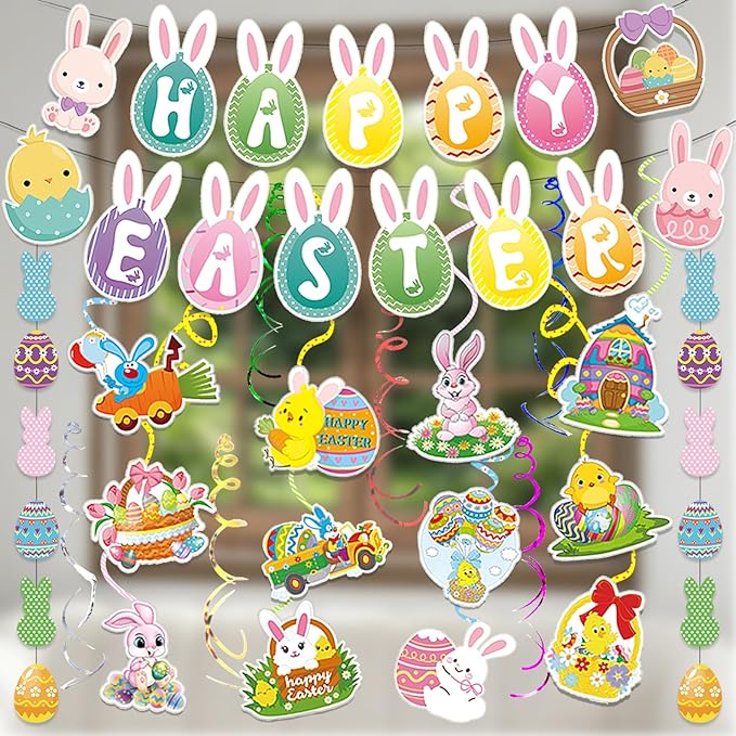 45 Pcs Happy Easter Banners Garland Easter Decorations for Office Home School Classroom Bunny Egg Hanging Decor Supplies for Egg Hunt Party Favors