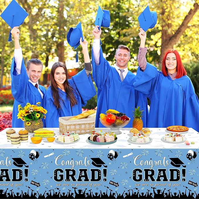 12Pack Graduation Tablecloth Party Decorations, Class 2026 Congrats Grad Plastic Tablecover Party Supplies, Light Blue Rectangle Graduation Table Decorations for College High School Party, 54x108 Inch