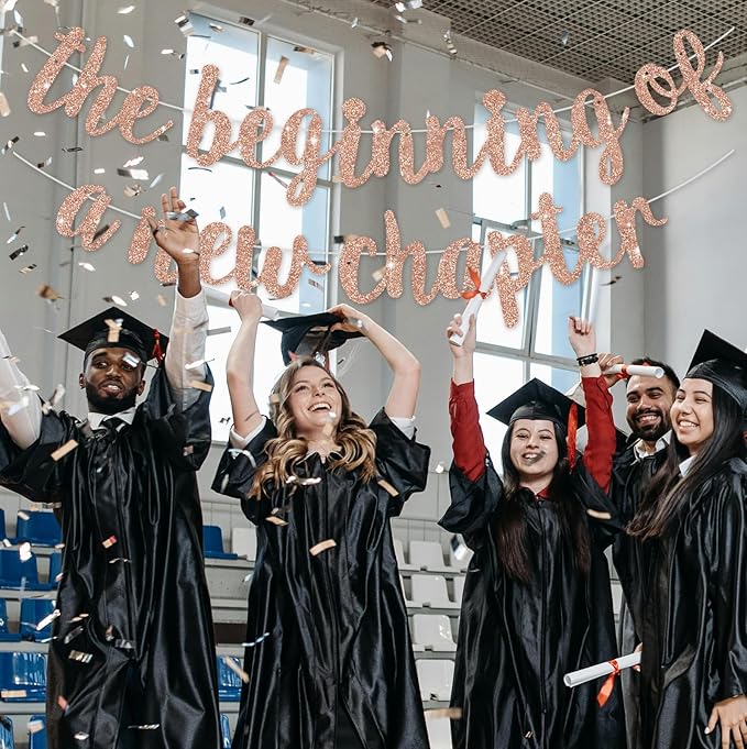 BEISHIDA The Beginning of A New Chapter Banner, Farewell party Decoration,Graduation Sign 2026 Banner,Happy retirement Supplies,Going away party Sign Garland,Graduation banner Glitter Rose Gold