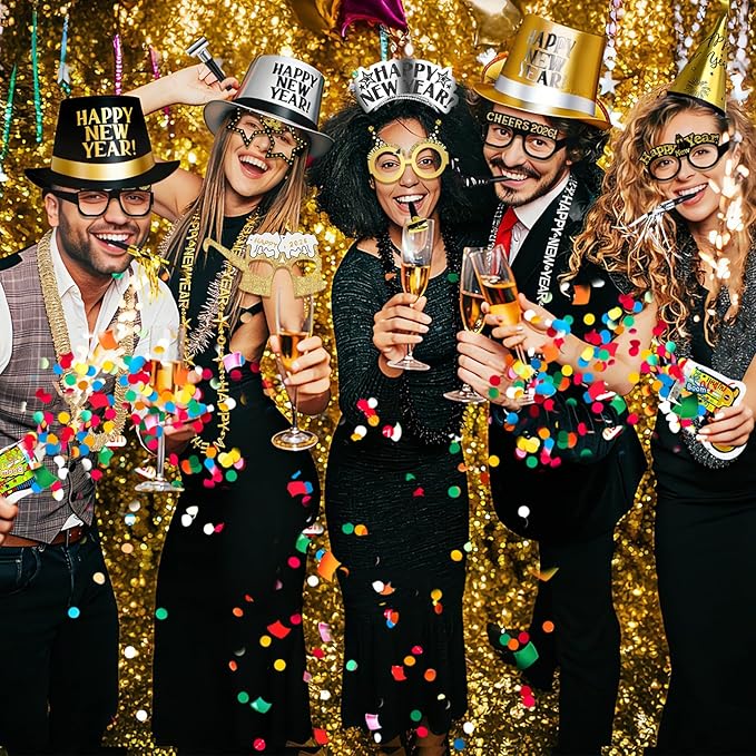 POILKMNI 92 Pcs New Years Eve Party Supplies - New Years Headbands, NYE Hats and Noisemakers for 46 People, Plastic Party Favors, Cone Hats, Horns, Glasses