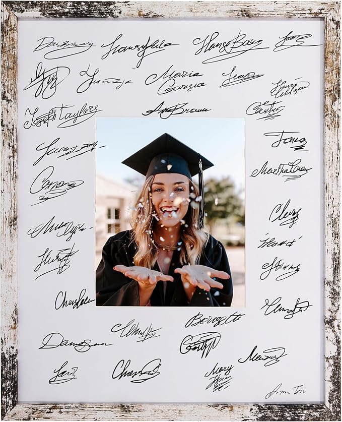 GraduatePro 16x20 Signature Picture Frame Board for 8x10 Photo with Signable Mat for Birthday Baptism Party Graduation Wedding Guest Book Rustic White
