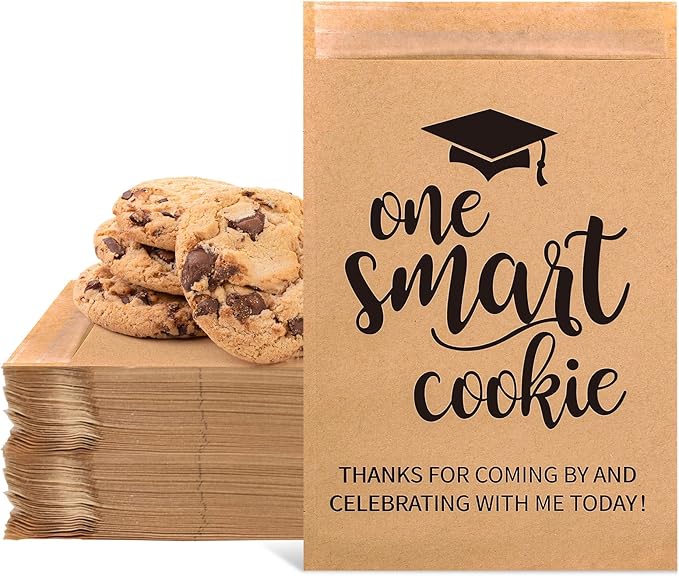 Whaline 100 Pack Graduation Candy Cookie Gift Bags One Smart Cookie Self-Adhesive Buffet Treat Bag Congrats Grad Kraft Paper Treat Gift Bags for Graduation Party Decoration Supplies
