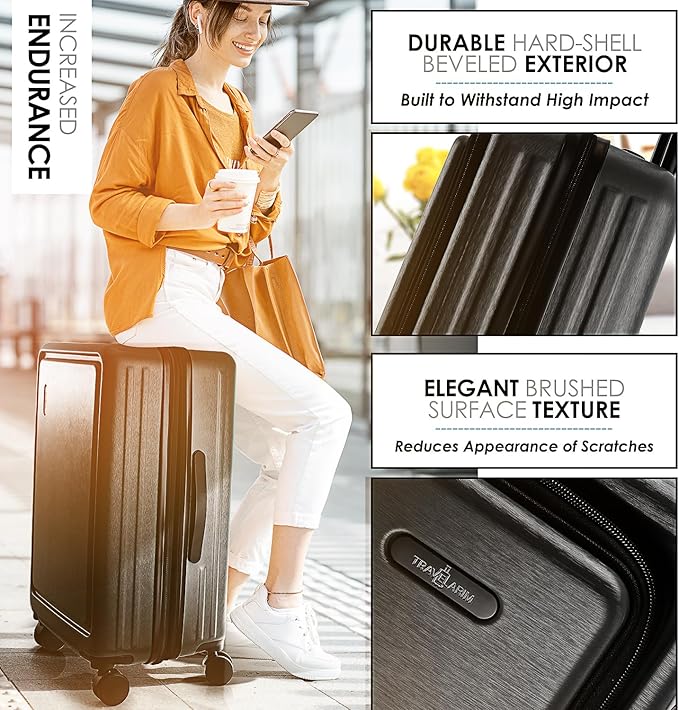 TRAVELARIM Hard Shell Luggage Sets with Spinner Wheels 4 Piece, Expandable Large Suitcases with TSA Lock, Travel Large Suitcase Set, Jet Black Luggage Set