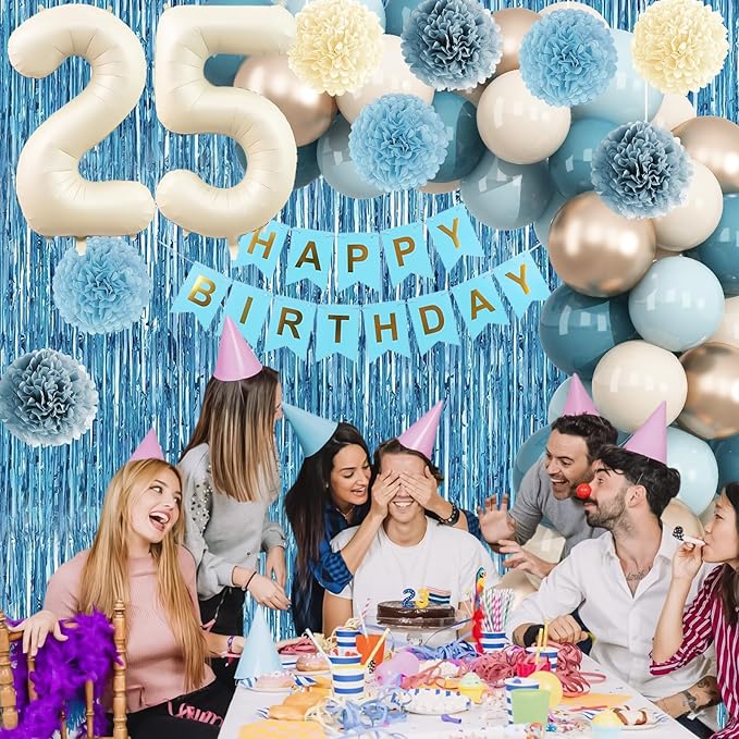 Dusty Blue 25th Birthday Party Decorations for Her Him Beige Cream Number 25 Balloon with Blue Gold Happy Birthday Banner Fringe Curtain Paper Pom Poms Nude White Sand Champagne Star Foil Balloons