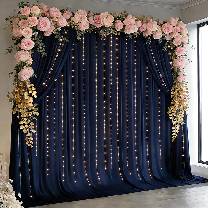20x10FT Navy Blue Backdrop Curtains with Lights for Parties,Wrinkle Free Wedding Photo Backdrop Curtains for Baby Shower Birthday Ceremony Reception Home Party Decorations-5ft x 10ft,4 Panels